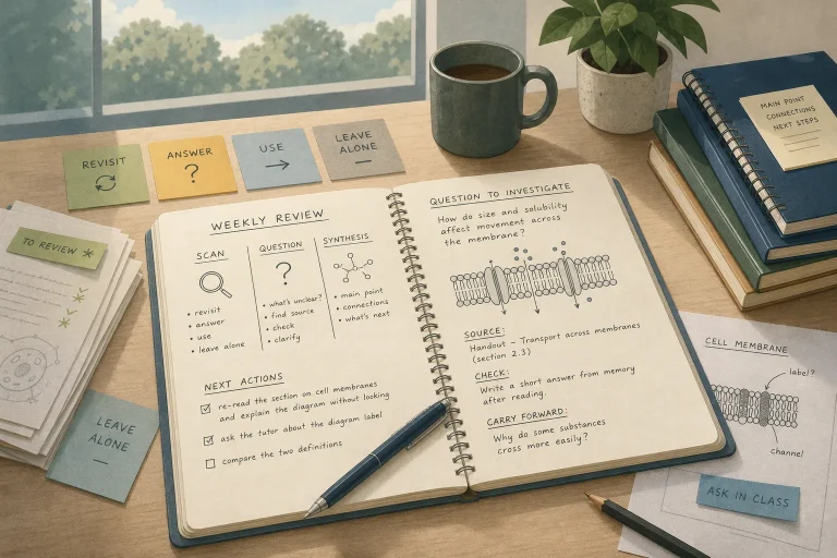Open notebook with handwritten notes, sticky notes, coffee mug, and potted plant on wooden desk by window