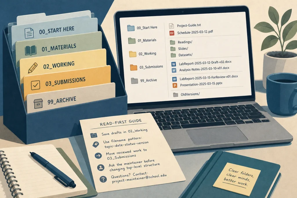 Desk setup with labeled file folders, a laptop displaying organized digital folders, and neatly arranged notebooks and plant