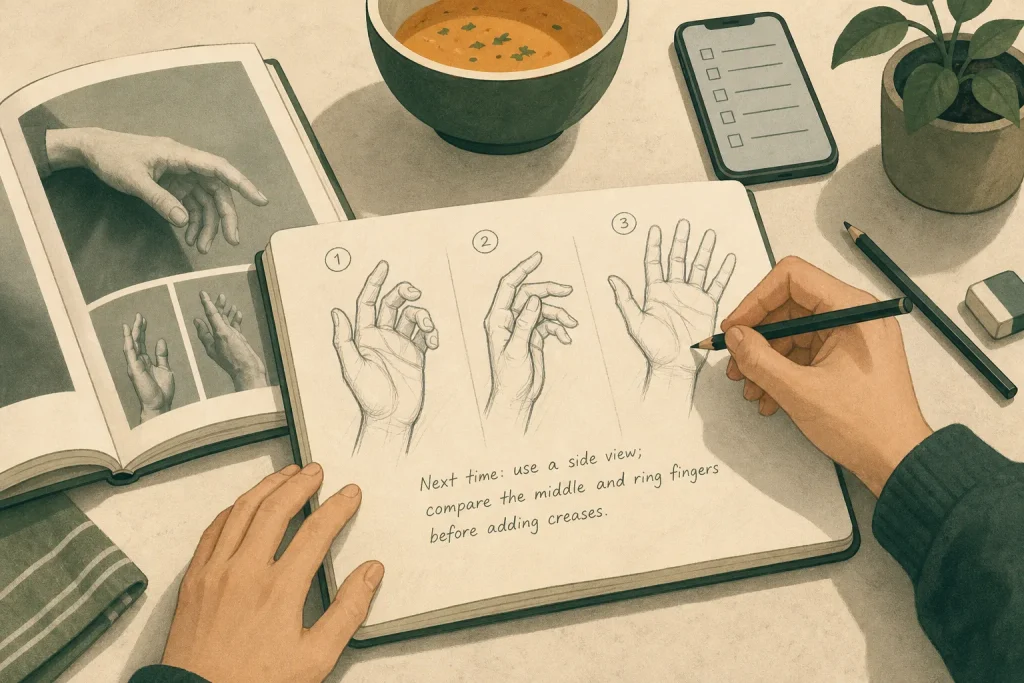 Person sketching detailed drawings of hands in a notebook with reference images and a pencil on a table