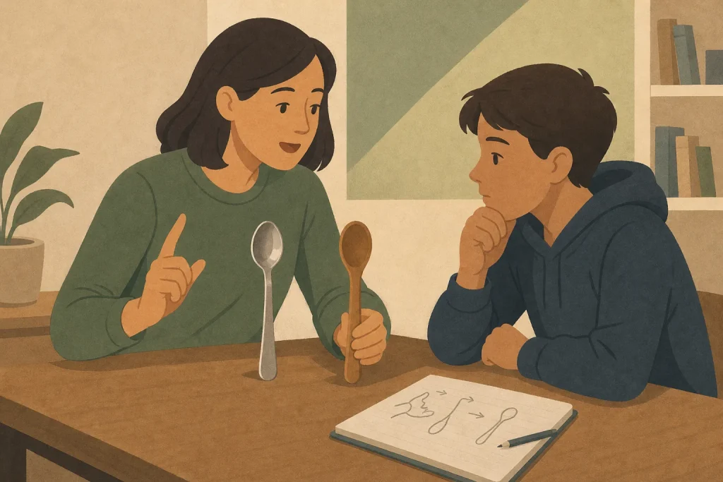 Woman explaining concept to boy using metal and wooden spoons at a table with notebook and pencil