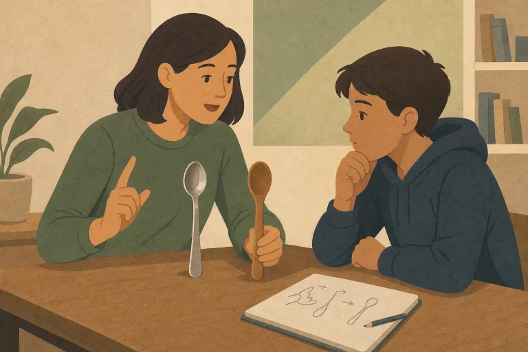 Woman explaining concept to boy using metal and wooden spoons at a table with notebook and pencil