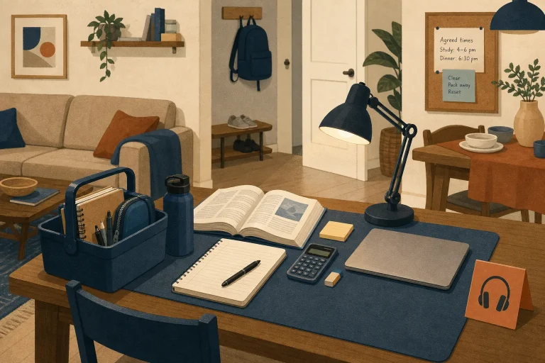 Wooden desk with study materials, lamp, notebook, calculator, and laptop in cozy living room setting